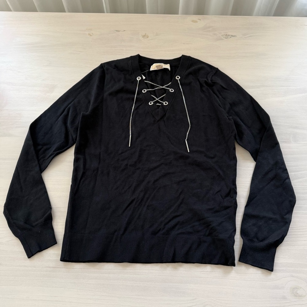 NWT Michael Kors Black Sweater with Silver Chain Lace-Up
